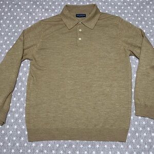 Vintage John Ashford Polo Sweater Men’s Small Beige 100% Merino Wool Long Sleeve